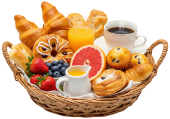 Basket with continental breakfast, food on transparent background