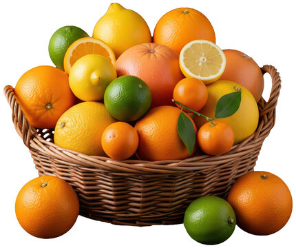 Basket with oranges and citrus, organic food on transparent background