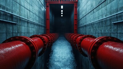 hydroelectric power plant and renewable energy with mechanical energy. Water cascading through intake pipes into spinning rotors, producing mechanical energy