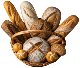 bread in a basket, baked food on transparent background, healthy bakery