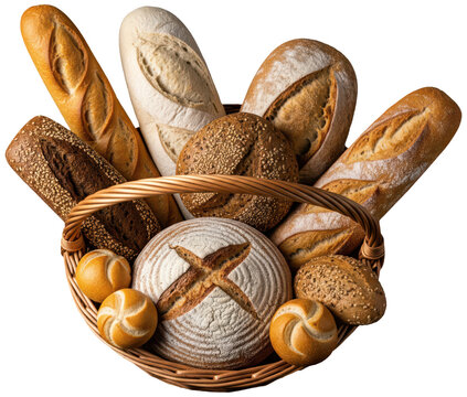 bread in a basket, baked food on transparent background, healthy bakery