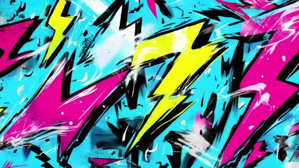 Electric lightning bolt graffiti in cyan, pink, and yellow bursts across a dynamic blue backdrop - Powered by Adobe
