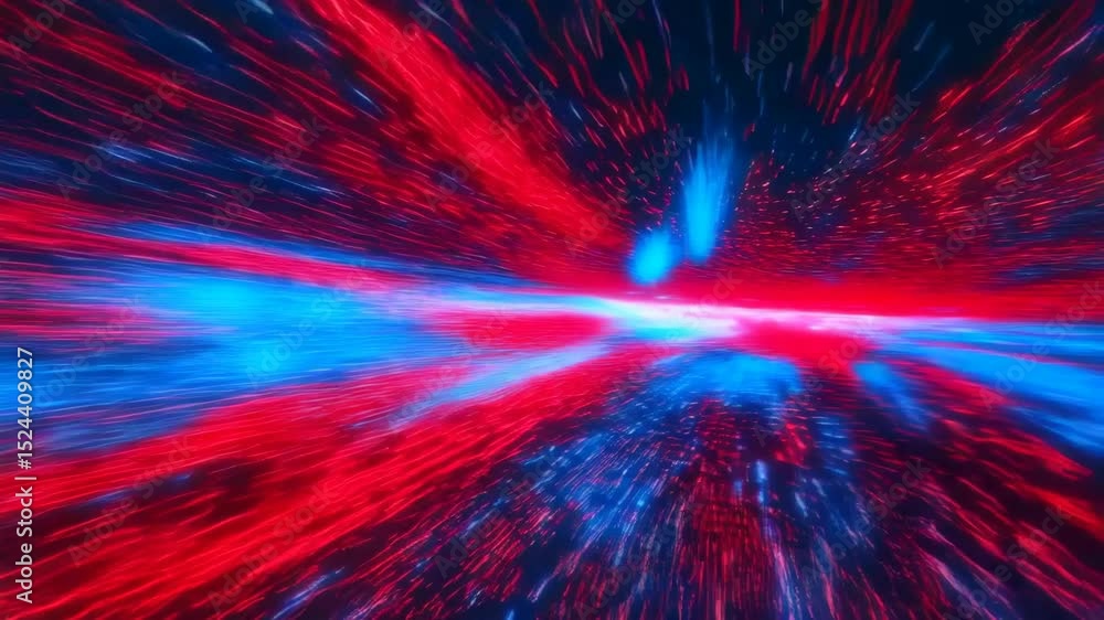Poster vivid red and blue light streaks creating dynamic abstract tunnel in motion