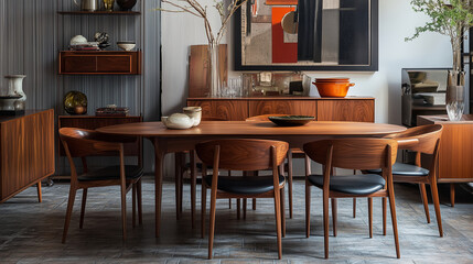 Mid-Century Modern Dining Chairs Around Wooden Table