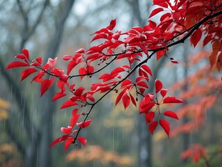 Red Autumn Leaves in the Rain A Serene Nature Photography