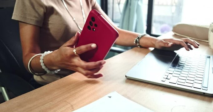 Hands, laptop and smartphone for work, connection and connection. Tech, device and anonymous for business and e commerce. High quality 4k footage