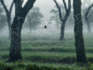 Misty Morning Spiderweb with Dew Drops in an Orchard