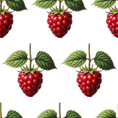Seamless Pattern with Realistic, Hand-Drawn Vintage Style Raspberries.