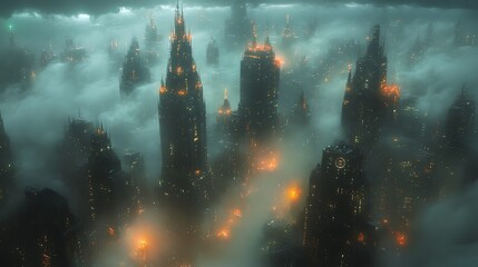 Foggy cityscape aerial view