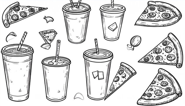 Hand-drawn illustration of pepperoni pizza slices and disposable cups with straws, ice, and scattered crumbs, in a sketchy, vintage style