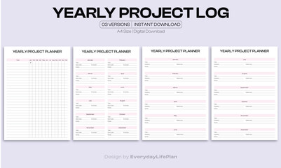 Yearly Project Log Planner – 5 Printable Versions for Task Tracking, Deadlines & Goal Planning | A4 Digital Download