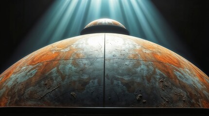 Close-up view of abstract planet surface with light rays in cosmic environment