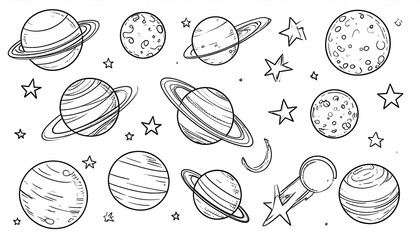 Hand-drawn illustration of planets, moons, stars, and a rocket, rendered in a simple, line-art style.  Various sizes and details show planets with rings and cratered surfaces