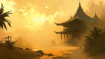 Mystical landscape featuring ancient temple surrounded by palm trees at sunset