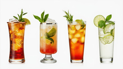 Four distinct drinks are presented, showcasing a variety of colors and garnishes. Each beverage is served in an elegant glass filled with ice, perfect for a warm day