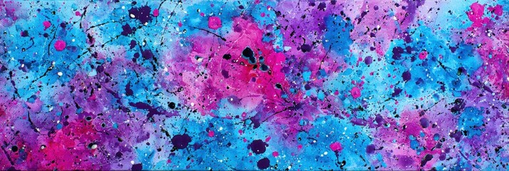 Abstract watercolor illustration featuring vibrant splashes of pink, blue, and purple hues, creating a dynamic and energetic visual composition with artistic flair