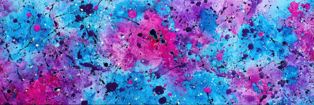 Abstract watercolor illustration featuring vibrant splashes of pink, blue, and purple hues, creating a dynamic and energetic visual composition with artistic flair