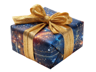 Unique gift box wrapped in cosmic themed paper with gold ribbon, cut out transparent 