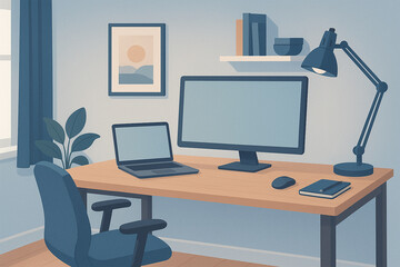 Fototapeta premium Minimalist Home Office Workspace with Laptop and Desktop Setup