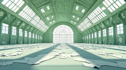 Expansive interior of an abandoned building showcasing cracked, green walls and scattered debris under bright sunlight.