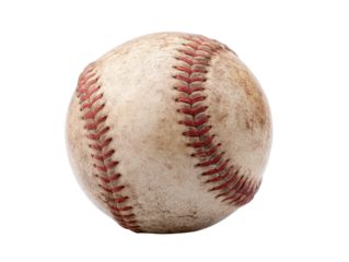 Vintage baseball with worn texture and red stitching detail, cut out transparent 