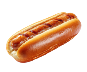 Savory grilled sausage in a soft bun for summer picnics, cut out transparent