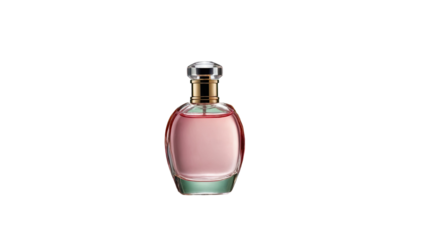 Elegant perfume bottle with pink liquid and silver cap on white background  