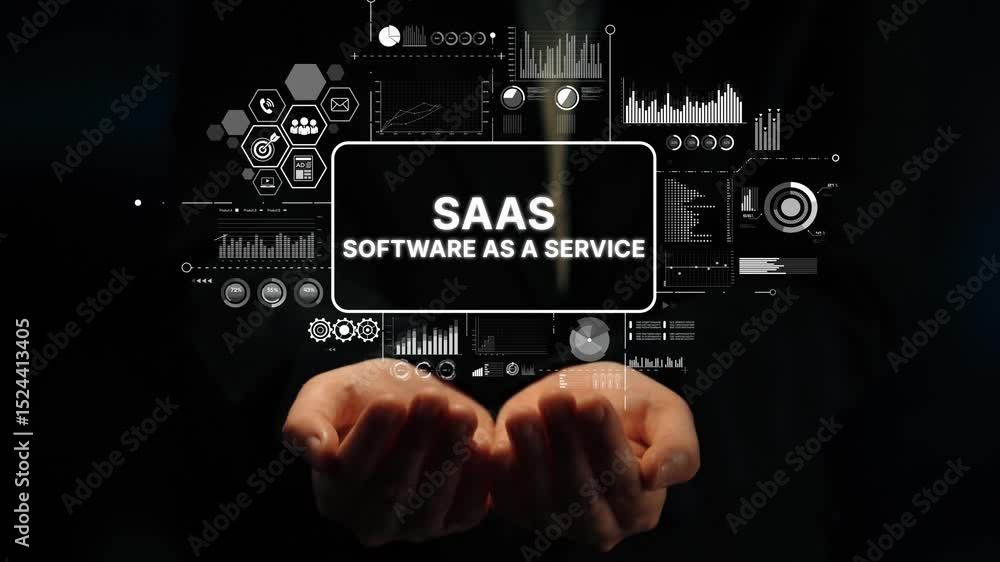 Poster hands offering futuristic display of software as a service concept in digital business environment. 