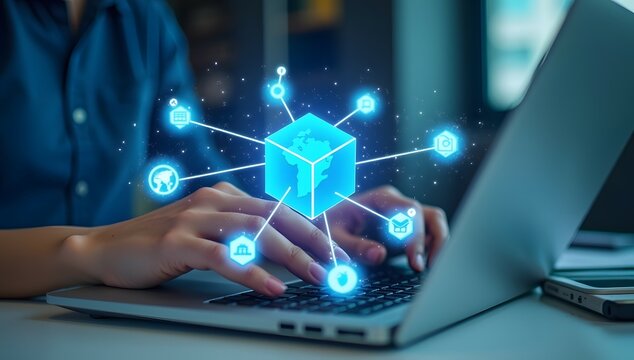 Digital Data Processing: An individual utilizes a laptop, overlaid with a vibrant holographic illustration of data processing.