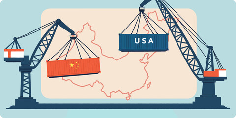 Illustration of shipping cranes lifting containers labeled USA and China  
