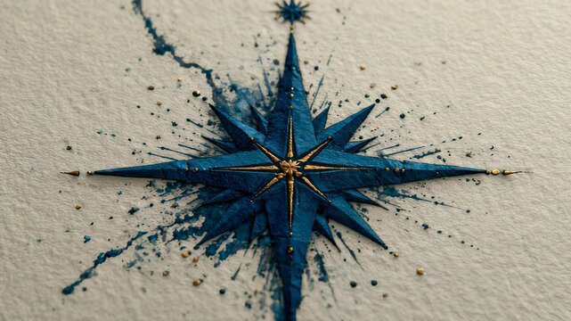 Artistic Blue and Gold Compass Rose Illustration with Splatter Effect on Textured White Background for Navigation and Exploration Concepts