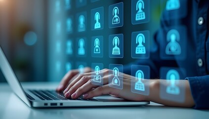 Human-Computer Connection: A person skillfully interacts with a sleek laptop, illuminated by a network of digital icons that symbolizes the interconnected world of people.