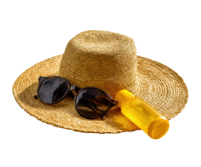 Summer essentials: straw hat, sunglasses, sunscreen, cut out transparent 