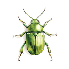 Watercolor Style Green Beetle with Segmented Antennae and Six Legs