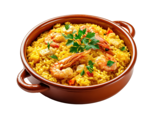 Delicious seafood paella with shrimp and fresh herbs, cut out transparent 