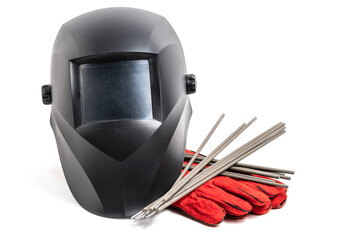 Welding mask, gloves and electrodes welders kit.