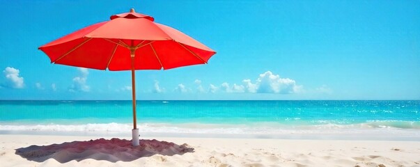 Vibrant red beach umbrella providing shade on a sunny day at the coast, casting a shadow on the sand Perfect for summer vacation and relaxation themes , sand, bright, canvas umbrella