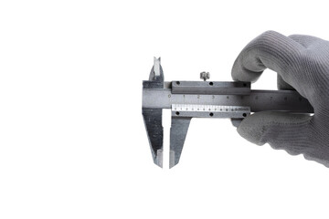 Vernier caliper in hand isolated on white background.