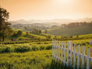 Obraz premium Lush Green Meadow and White Picket Fence