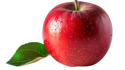 Perfectly ripe red apple with smooth glossy skin and a single green leaf, isolated on pure white and transparent background, ideal for food packaging, branding, and healthy lifestyle visuals.

