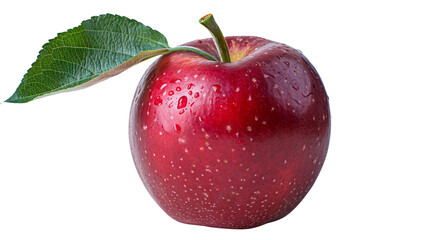 Perfectly ripe red apple with smooth glossy skin and a single green leaf, isolated on pure white and transparent background, ideal for food packaging, branding, and healthy lifestyle visuals.

