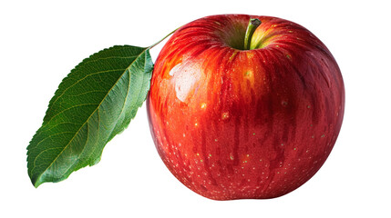 Perfectly ripe red apple with smooth glossy skin and a single green leaf, isolated on pure white and transparent background, ideal for food packaging, branding, and healthy lifestyle visuals.

