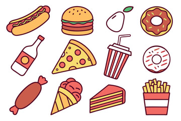 A collection of delicious cartoon illustrations featuring popular food and beverages
