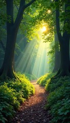 Naklejka premium Sun-dappled path winding through a dense, ancient woodland, sunlight filtering through leaves, creating a magical atmosphere Perfect for travel, nature, and fantasy themes , journey, wild