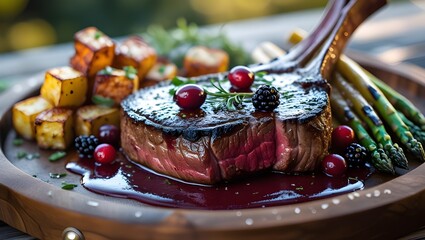 Gourmet Al Fresco: A Masterfully Seared Ribeye Bathed in Red Wine Reduction, Ideal for: High-end culinary blog feature or social media marketing for a premium steakhouse