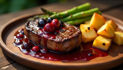 Cranberry-Glazed Tomahawk Ribeye with Charred Asparagus and Herb-Roasted Potatoes, Ideal for: Food photography portfolio titles or luxury food magazine editorial