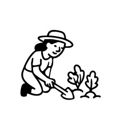 Naklejka premium Gardening enthusiasm vector illustration depicting a person engaged in planting. Ideal for sustainable living, organic gardening, eco-friendly, and homegrown concepts. Black and white design.