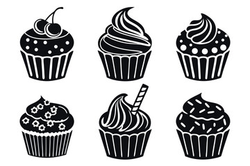 Black and white cupcake illustrations showcasing different icing and decoration designs