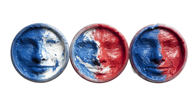 Blue white red face paint set in three containers, isolated on a white background showcasing vibrant colors