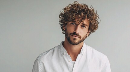 Obraz premium Confident Young Man with Curly Hair and Light Beard Posing